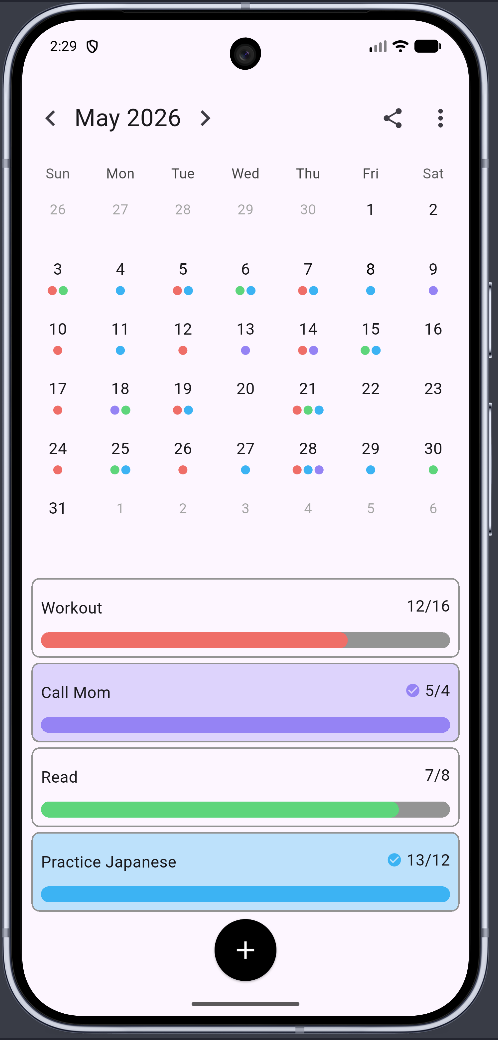 Light mode NomiSoft app calendar screen showing habits and progress bars